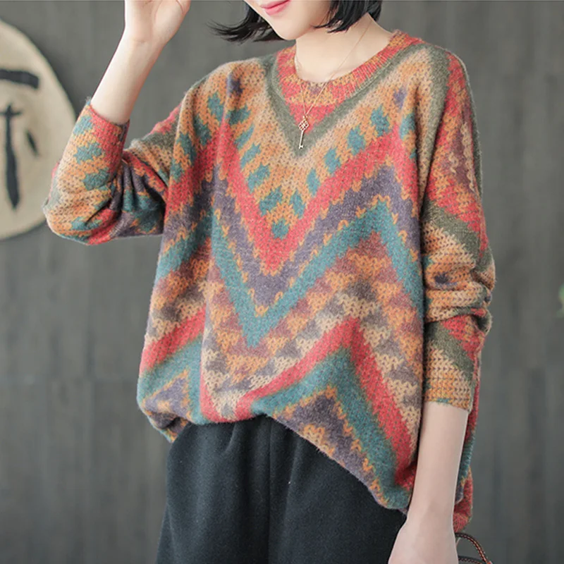 Женский пуловер с цветочным принтом Новинка осени 2019 винтажные свободные