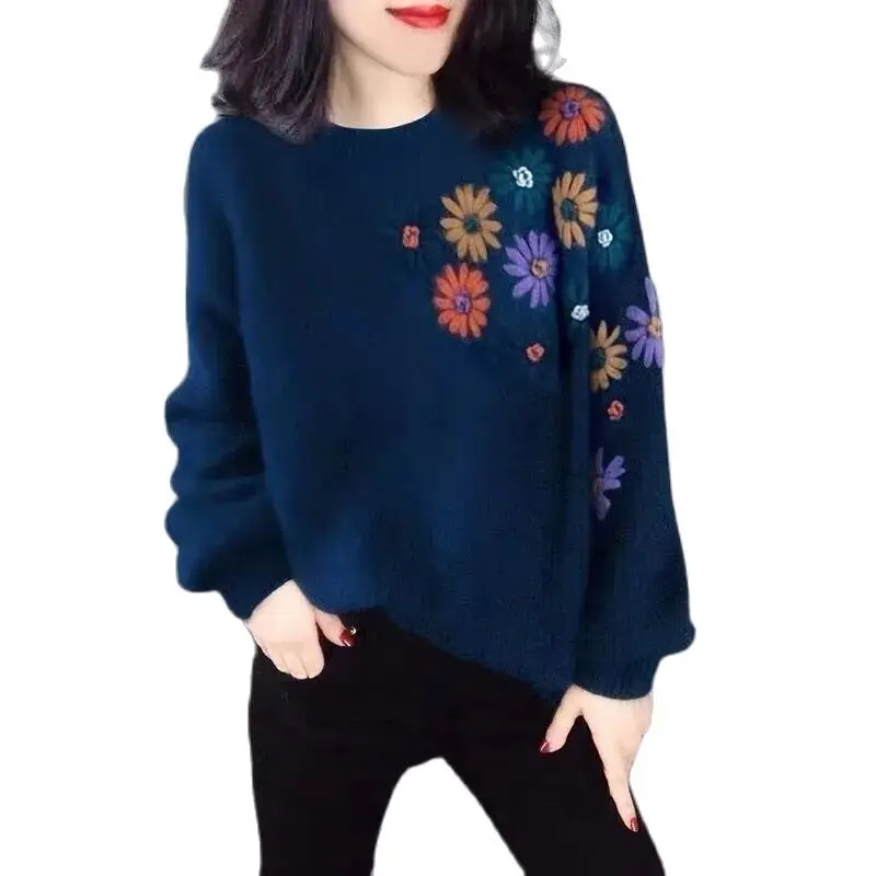 

New Sweater Keep Warm Ladies' Tops Casual Inside Loose Blue Embroidered Hedging Sweater Ladies Autumn Winter Women's Clothing