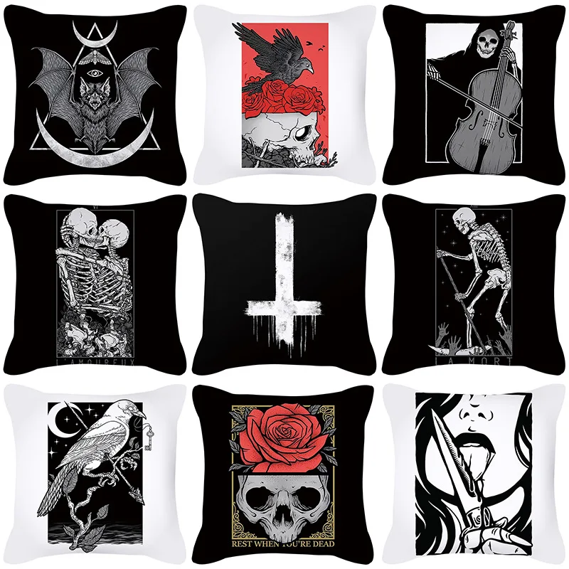 Punk Style Cushion Cover Skull Print Office Sofa Car Pillow Case Home Decor Throw Pillow Cover Outdoor Square Pillowcase45x45cm