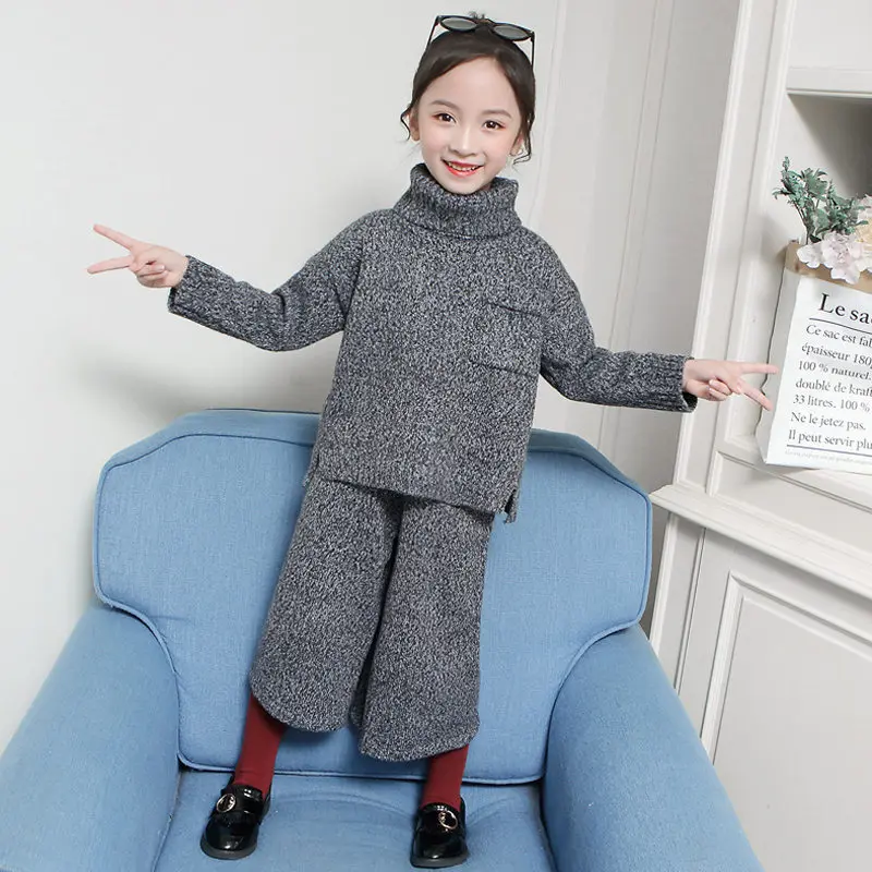 Детский шерстяной свитер с подкладкой для девочек костюм с широкими штанами детский зимний теплый толстый вязаный комплект, свитер и штаны трикотажный комплект из двух предметов - Цвет: Темно-серый