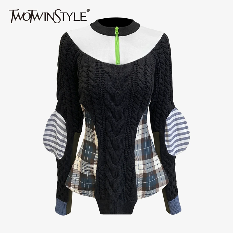 TWOTWINSTYLE Casual Patchwork Plaid Sweater For