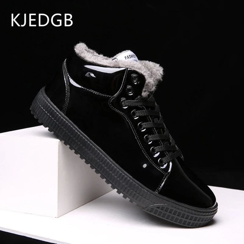 

KJEDGB Mirror PU Leather Winter Shoes for Man Keep Warm Plush Ankle Boots Solid Black Golden Silver Streetwear Shoes Size 39-47