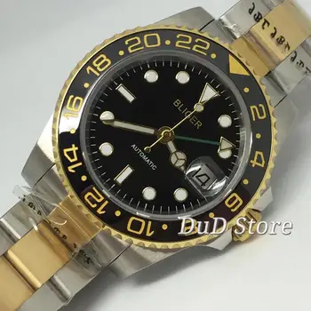 

Bliger 40MM Golden Plated steel Case Black Dial GMT Function Ceramic Bezel Sapphire Glass Automatic Movement Men's Wrist Watch