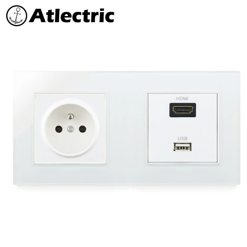 Atlectric FR Стандартный Разъем питания HDMI HD tv USB порт данных настенный двойной электрический выход для мобильного стекла панели розетки