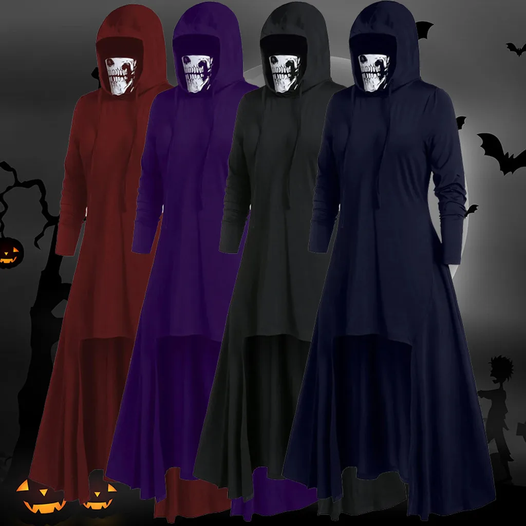 

Halloween Party Clothings Women Mask Skull Hooded Dress Casual Solid Pullover Long Sleeve Long Dress 2019 Winter Plus Size z0812