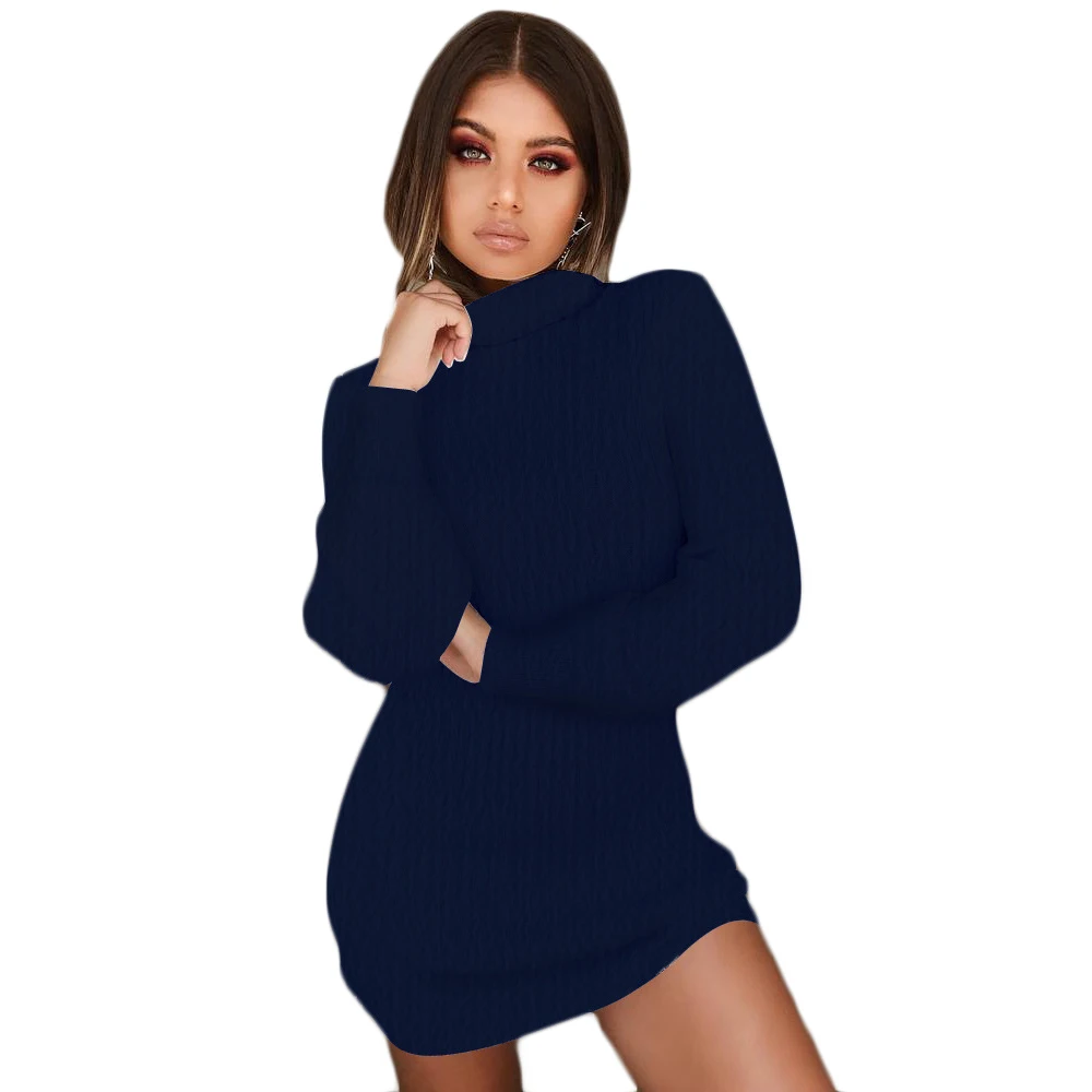 Navy blue Осень-зима, женские длинные вязаные свитера, одежда, повседневный джемпер, водолазка, свитера, платье, Женский Длинный пуловер, свитер размера плюс - Цвет: Navy blue