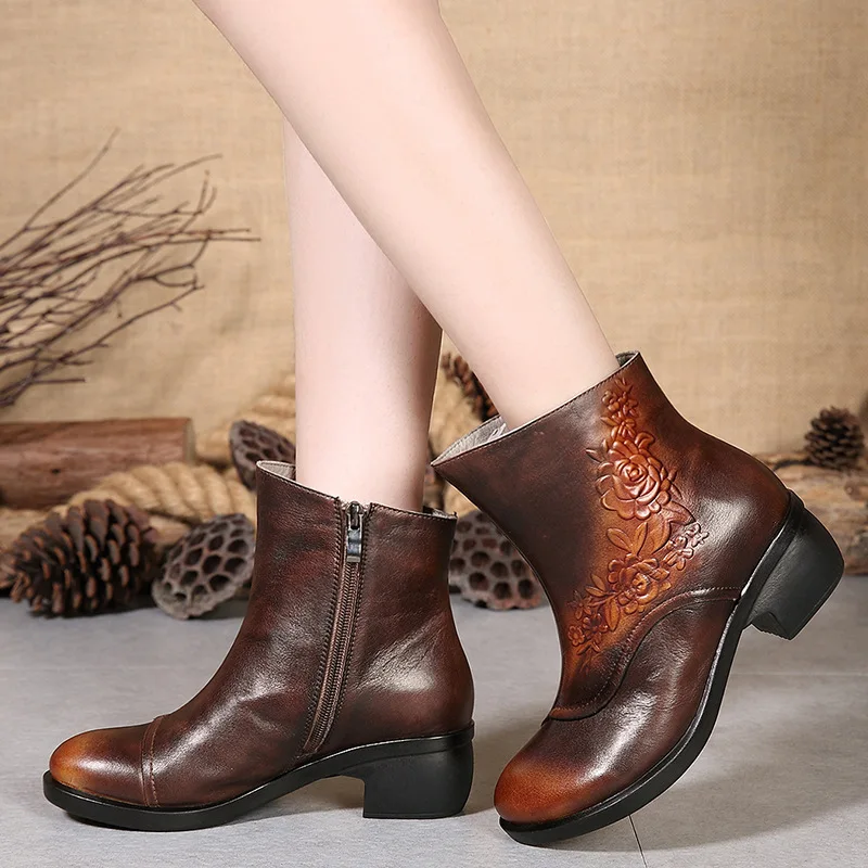 Boots, leather, retro flowers, slope, scrub, short boots, anti-skid