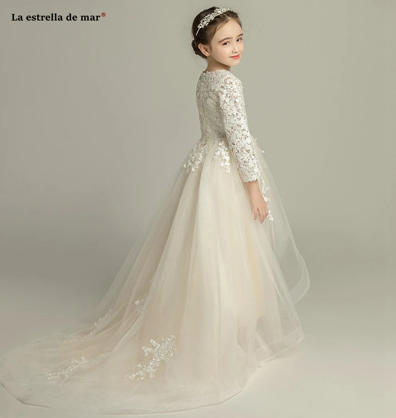 Robe mariage enfant fille/новые кружевные платья трапециевидной формы с длинными рукавами цвета шампанского для девочек со шлейфом, vestidos de comunion sukienki