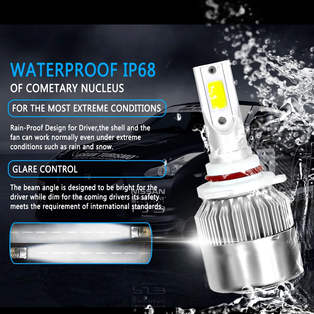 

2x 360° 3A LED Car Headlights Lamp 9006/HB4 6000K Pure White COB Chip DC 6-36V