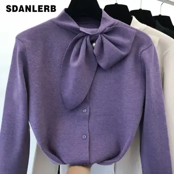 

2019 Fall Winter Knit Cardigan for Women Temperament Butterfly Tie Neck Single-row Button Pure Knitted Cardigan Sweater Jumper