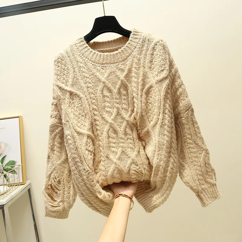 2020 fashion loose three-dimensional knitted sweater sleeve autumn spring round collar thick line women's sweater Spring sweater