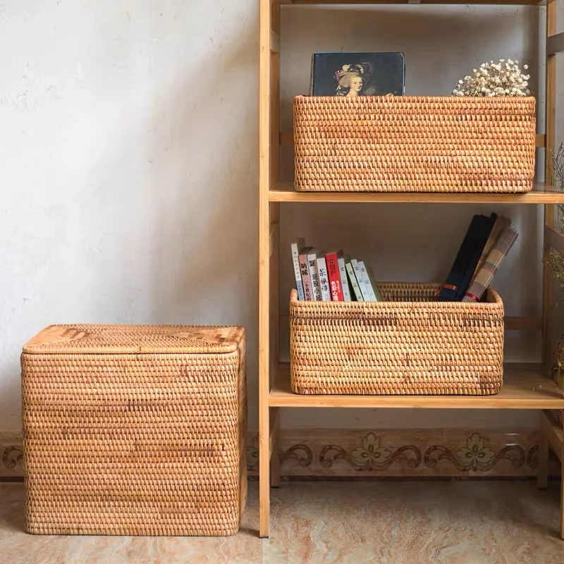 Large laundry storage basket with lid kids clothes Rattan storage boxes container for toys Japanese desktop sundries organizers