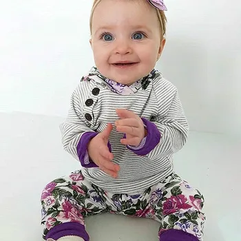 

Baby Children's Long Sleeve Striped Floral Print Slant Buckled Hooded Sweatshirt + Pants Set одежда для девочек