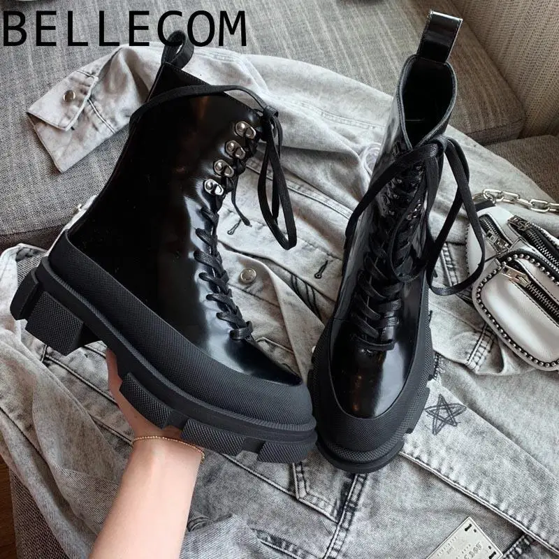 

BELLECOM 2019 Bandage Short Small White Thick Bottom Martin Boots Genuine Leather Locomotive Boots Women's Singles shoes woman