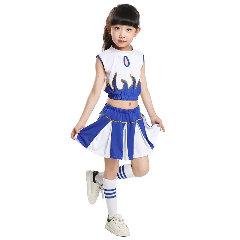 110-160 см, костюмы черлидеров для мальчиков и девочек, школьная форма, гимнастика, спортивная одежда для соревнований, танцевальная команда, одежда для выступлений - Цвет: Blue girls