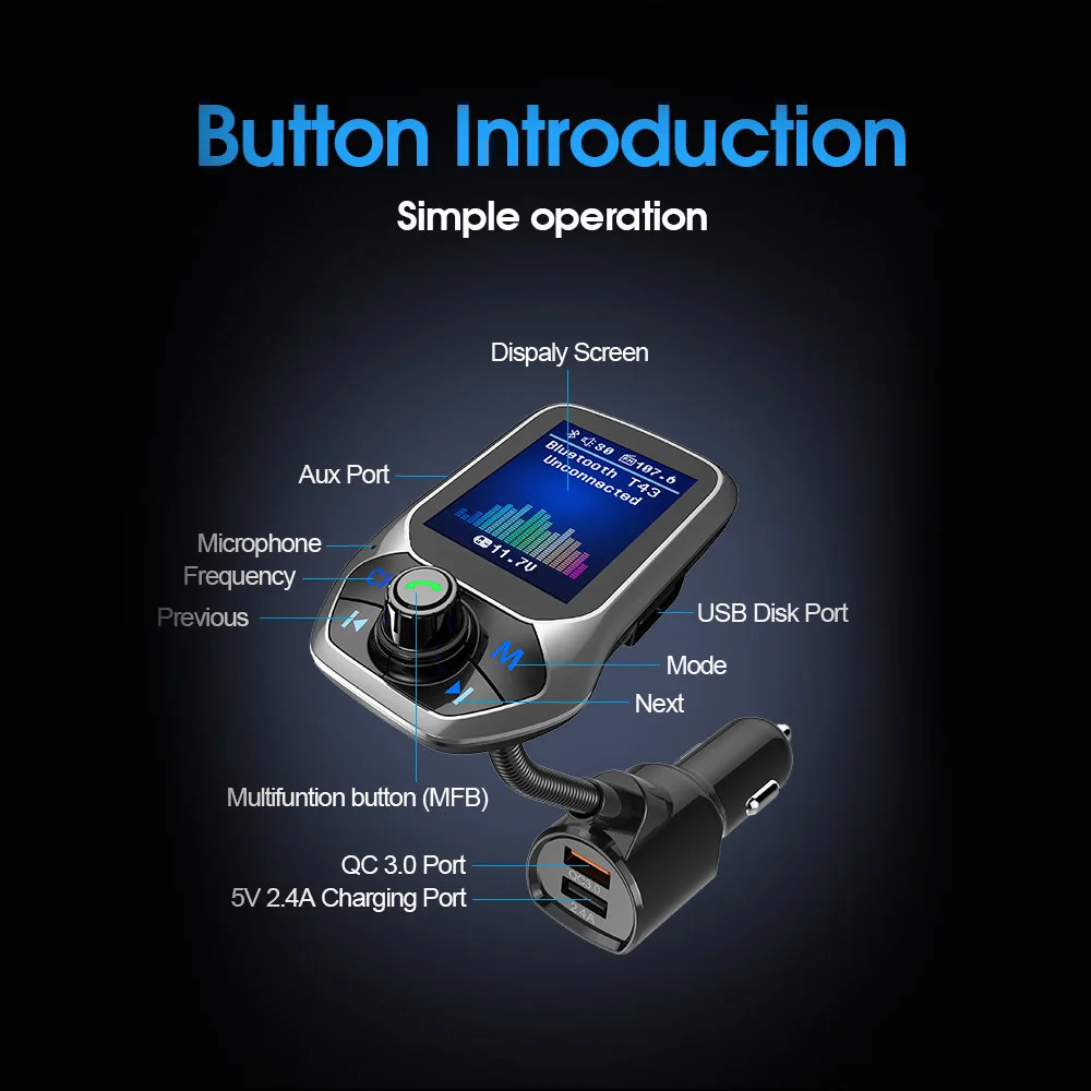 AOSHIKE автомобиль MP3 музыкальный плеер Bluetooth 5,0 ресивер FM-передатчик Dual USB QC3.0 Зарядное устройство U диск