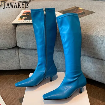 

Kitten heel knee high boots women's slim fit small square toe long boots elastic leather blue black knee boots runway shoes