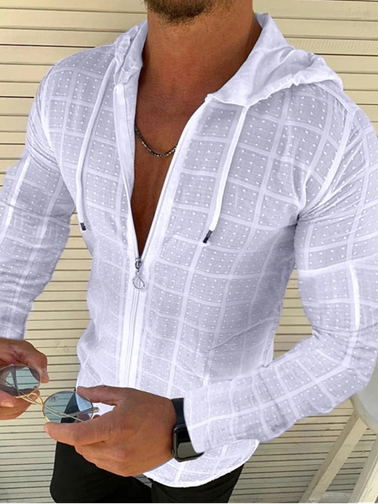 Camisa de manga larga con capucha para hombre, cárdigan con cremallera, informal, Formal, hawaiana, camisa para trotar