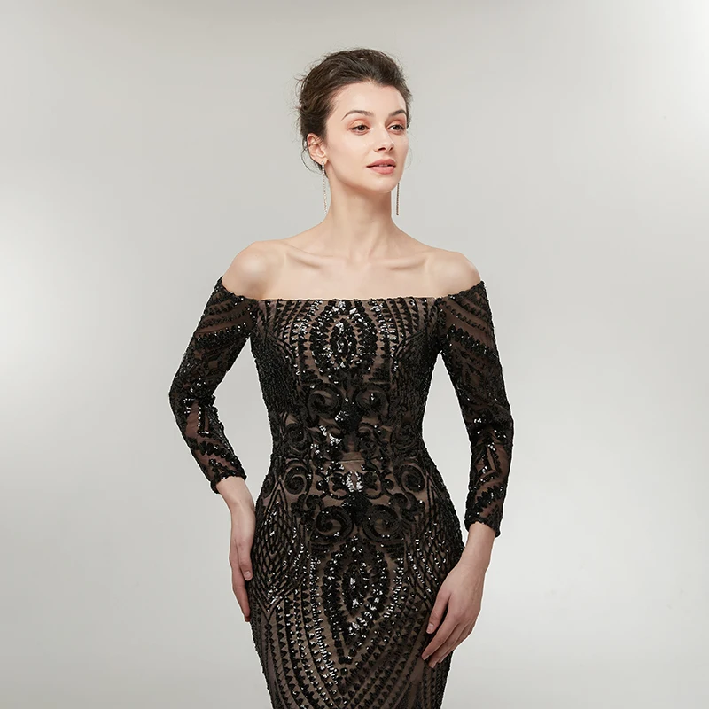 Черное элегантное вечернее платье Русалка с длинным рукавом robe de soiree вырез лодочкой Длина пола Тюль длинное платье