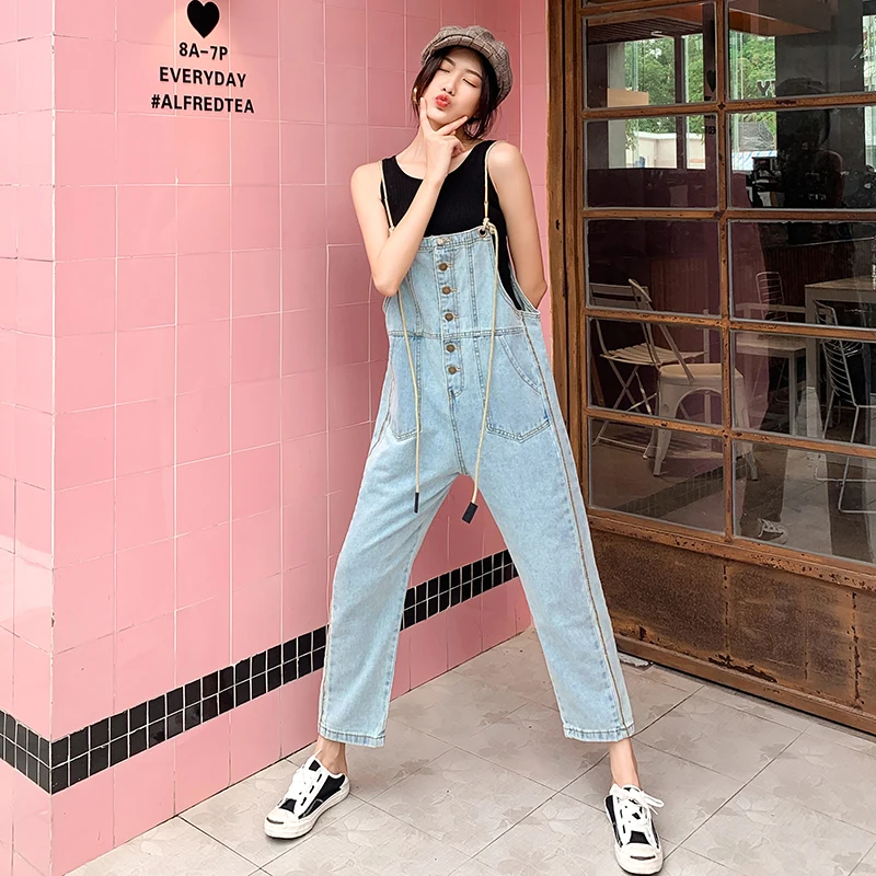 

Pocket Jean Denim Overalls Jumpsuit For Women Spaghetti Strap Denim Jumpsuit Woman Front Buttons Loose Boyfriend Jeans Overalls