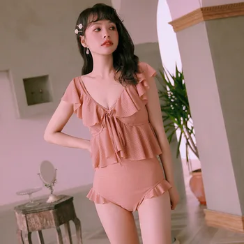 

Swimsuit Fused Female Trendy Triquinis Mujer 2020 Swimwear Vogue Dress Korean Bikini Swim Suit Push Up Lovely Mini High Waist