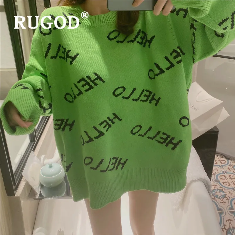RUGOD, новинка, корейский стиль, уличная одежда, свободные, с буквенным узором, с круглым вырезом, свитера, элегантный пуловер для девушек, женская зимняя мода