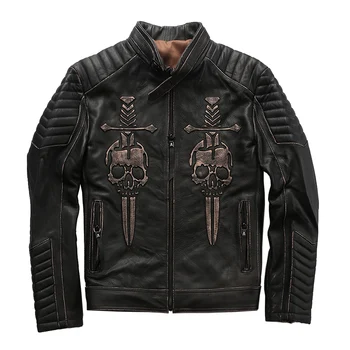 

Seveyfan Skull Sword Men's Genuine Leather Jacket Vintage Slim Motorcycle Biker Real Cowhide Leather Jacket for Male 2020 R3409