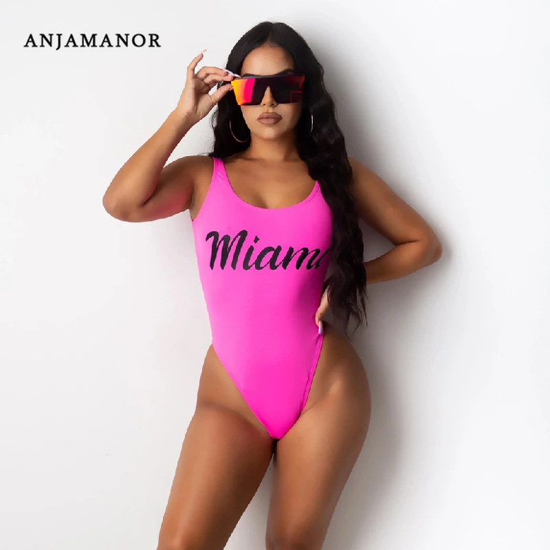 ANJAMANOR Letters Print High Cut Backless Bodysuit Women Sexy Spandex One Piece Swimwear Bathing Suit Summer Clothes D90-BF14 ANJAMANOR Letters Print High Cut Backless Bodysuit Women Sexy Spandex One Piece Swimwear Bathing Suit Summer Clothes D90-BF14