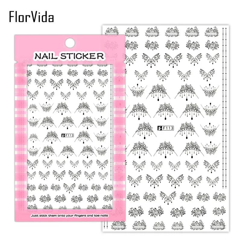 FlorVida 1 лист черный белый кружевной стикер для дизайна ногтей Красочные камни цветочный дизайн абстрактный квадратный ноготь стикер s