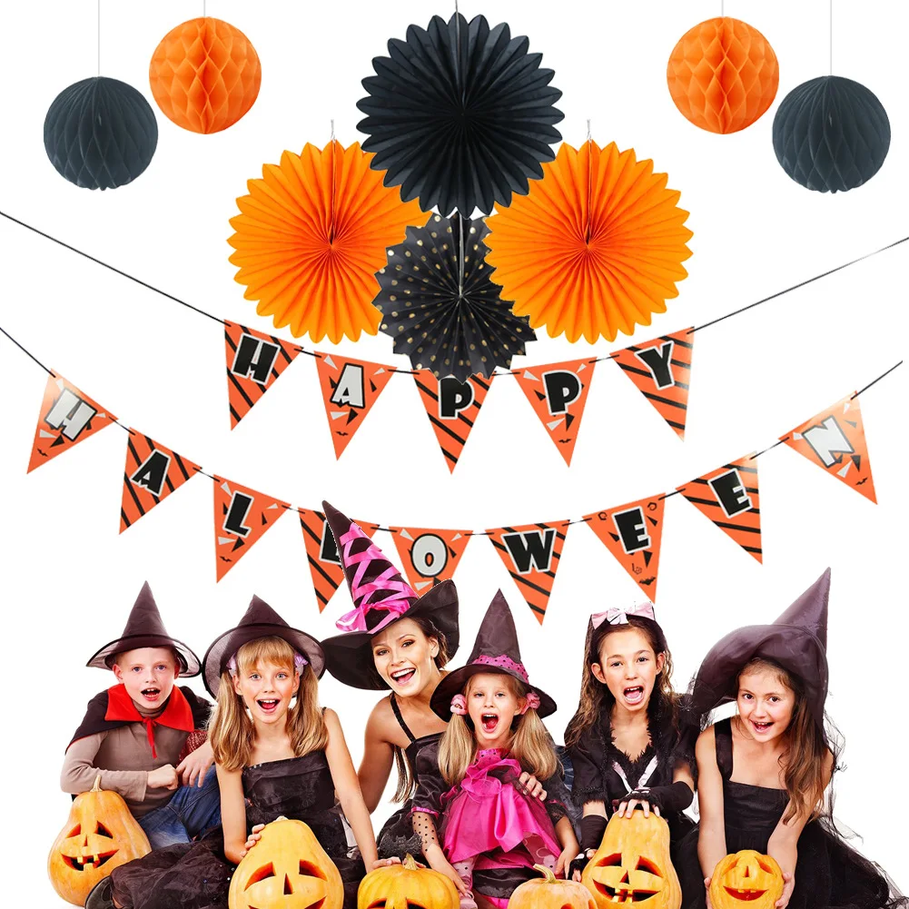 Halloween Paper crafts Set Paper Honeycomb Fan Tassels Hanging Flag Holiday Party Decorations