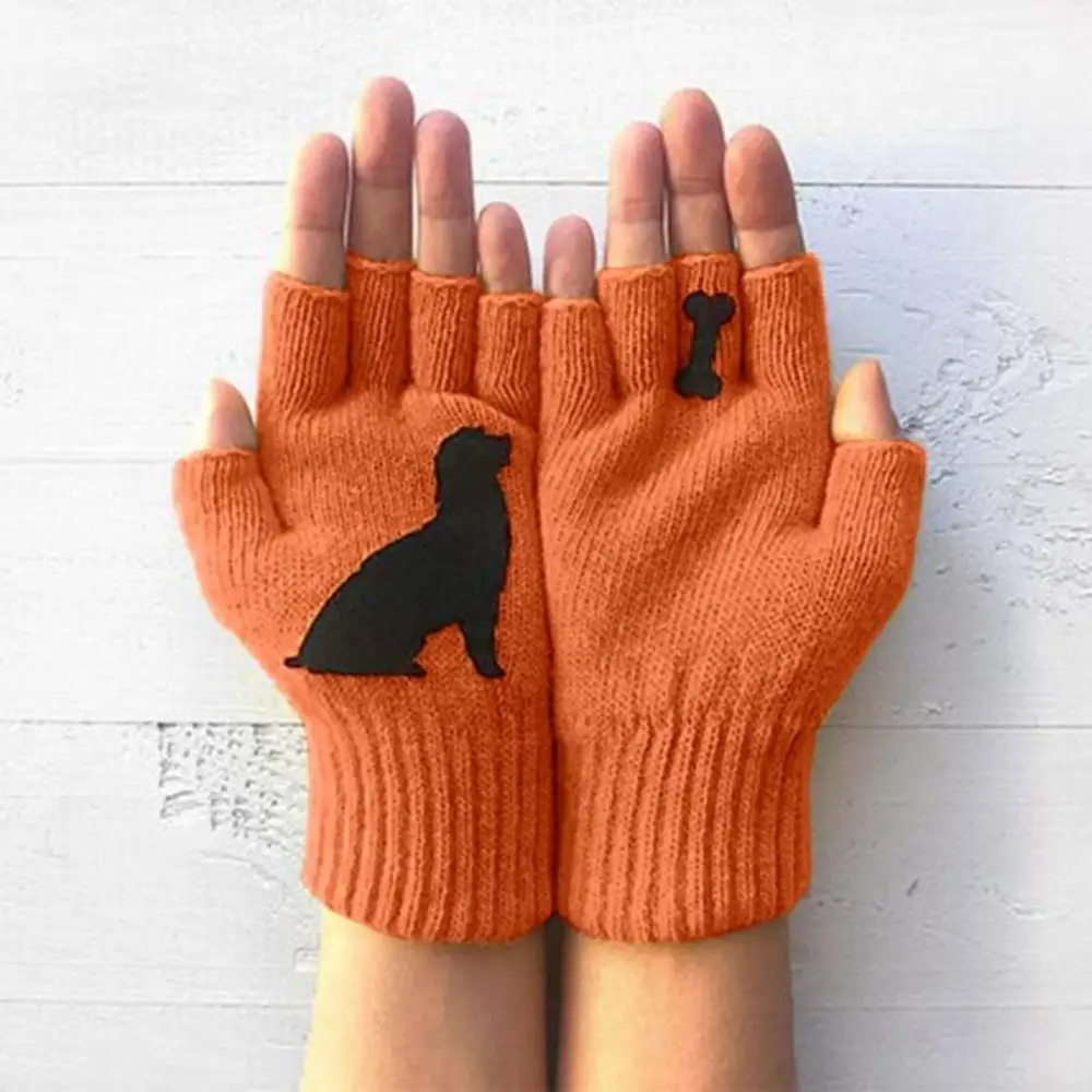 

Women Autumn Winter Outdoor Warm Cute Cartoon Puppy Bone Printing Fingerless Gloves Candy Color Half Finger Mittens