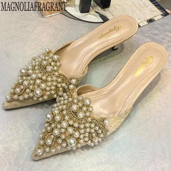 

New 2019 Summer Shoes Women Sweet Elegant Pearl Beaded High-heeled Shoes Thin Heels Pointed Toe Women Sandals y68