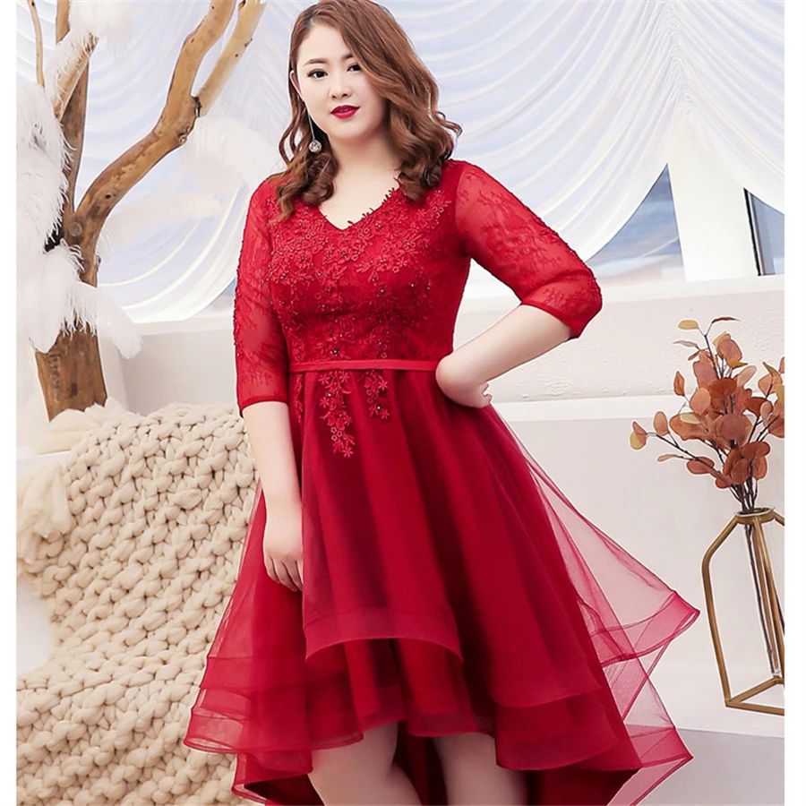 Платье для выпускного вечера с коротким рукавом, высокая низкая Vestidos De Gala, женские вечерние платья с аппликацией, вечернее платье размера плюс с v-образным вырезом T091