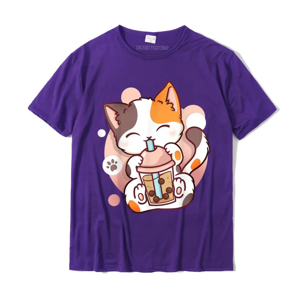 Printed On Summer Tops Shirts Short Sleeve for Men 100% Cotton Labor Day O Neck T-shirts Normal Top T-shirts Dominant Cat Boba Tea Bubble Tea Anime Kawaii Neko T-Shirt__MZ23906 purple