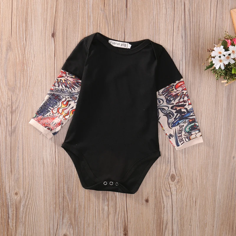 Summer cotton Newborn Baby Boy Bodysuit Clothes Tattoos Print Long Sleeve Bodysuit Jumpsuit Outfits Black Gray Cotton Jumpsuit Baby Romper Baby Boy Bodysuits