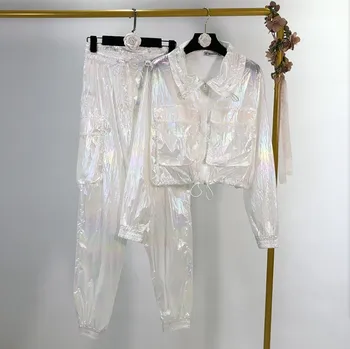 

New Autumn Fashion Women's Rainbow Colorful Large Pocket Short Hoodie Coat + Leisure Trouser Two Piece Students Pants Set