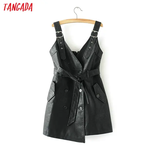 US $23.60 2019 Autumn Winter Women PU Faux Leather Dress with belt V Neck Sexy Slim Retro Black Mini Dress ve