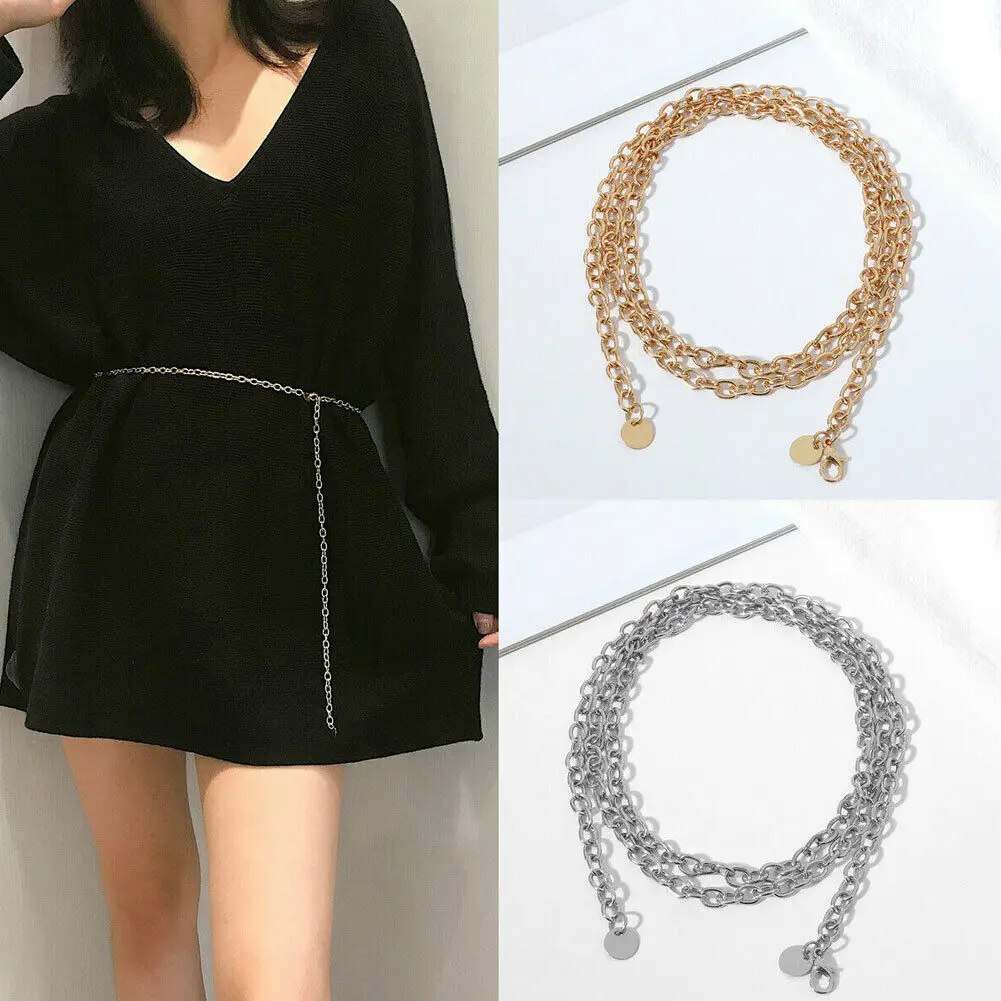 

Women Gold Silver Thin Chain Waist Body Small Dress Chain Belt Ladies Tassel Sequins Metal Belt ketting riem W3