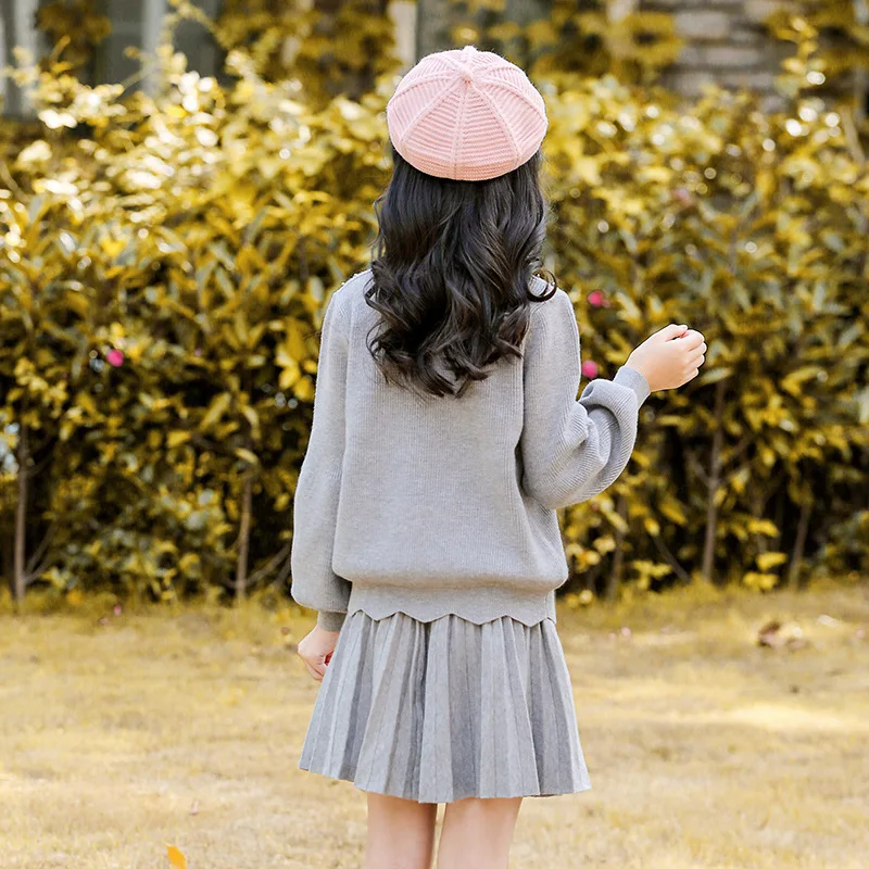 Tee Girl Clothes New Female Girls Sweater Set Children's Knited Knit Suit Sweater Girls Warm Sweater Skirt Two-piece Sets