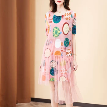 

Dress Women Summer New Fashion Mesh Patchwork Printed Round Neck Short Sleeved Large Size Dresses For Women 45-75kg