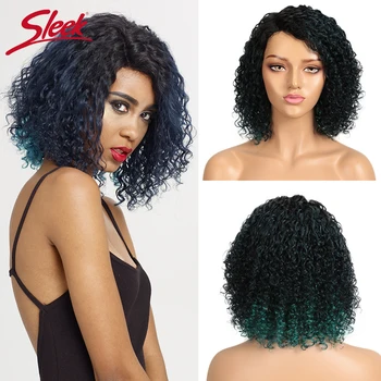 

Sleek Brazilian Kinky Curly Human Hair Wig Part Lace Bob Wig Blue Ombre Brown 99J Remy Human Hair Wigs For Women Short Curly Wig
