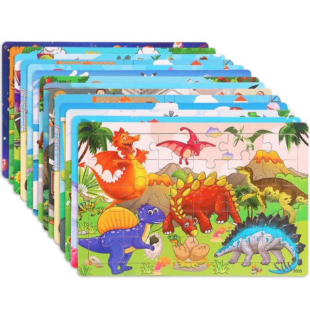 New 30 Pieces Wooden Toy Jigsaw Puzzle Wood Cartoon Animal Vehicle Kid Early Learning Baby Educational Toys for Children Puzzles 2