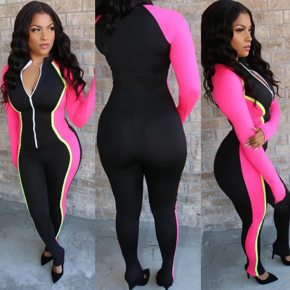 Fashion color patchwork women fitted jumpsuit front zip long sleeve casual body-con catsuit active wear long overall J3254G