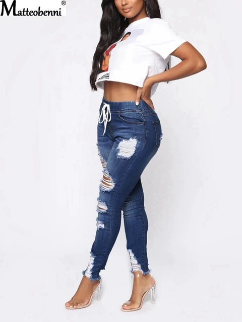 2020 New Women Fashion Sexy Stretch Skinny Ripped Hole Washed