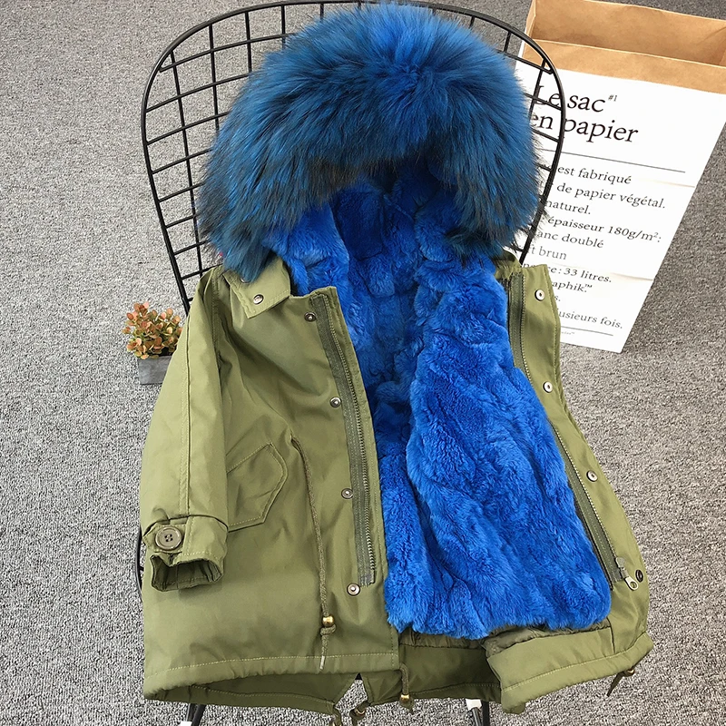 Коллекция года, зимняя парка с мехом для мальчиков и девочек детская куртка с воротником из натурального меха детские пальто на молнии Семейные комплекты с натуральным мехом - Цвет: Green Blue