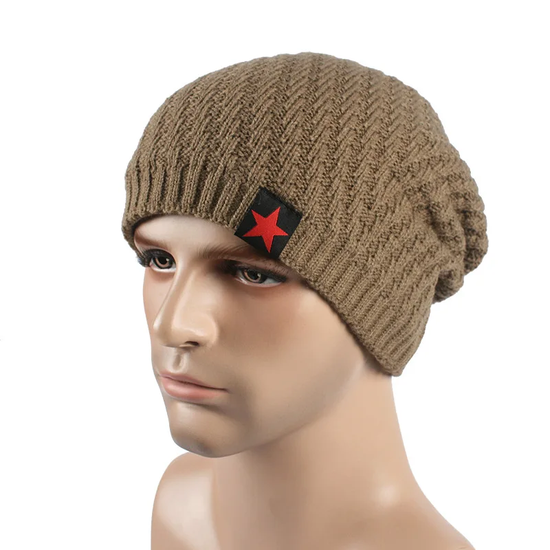 Skullies Beanies модные корейские осенние и зимние мужские пять звезд купол открытый плюс бархат вязаная шляпа теплая Головные уборы - Цвет: Хаки