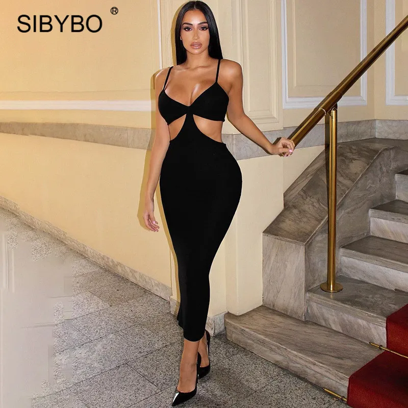 Женское длинное платье с v образным вырезом Sibybo летнее на бретельках открытой спиной вечерние платья для