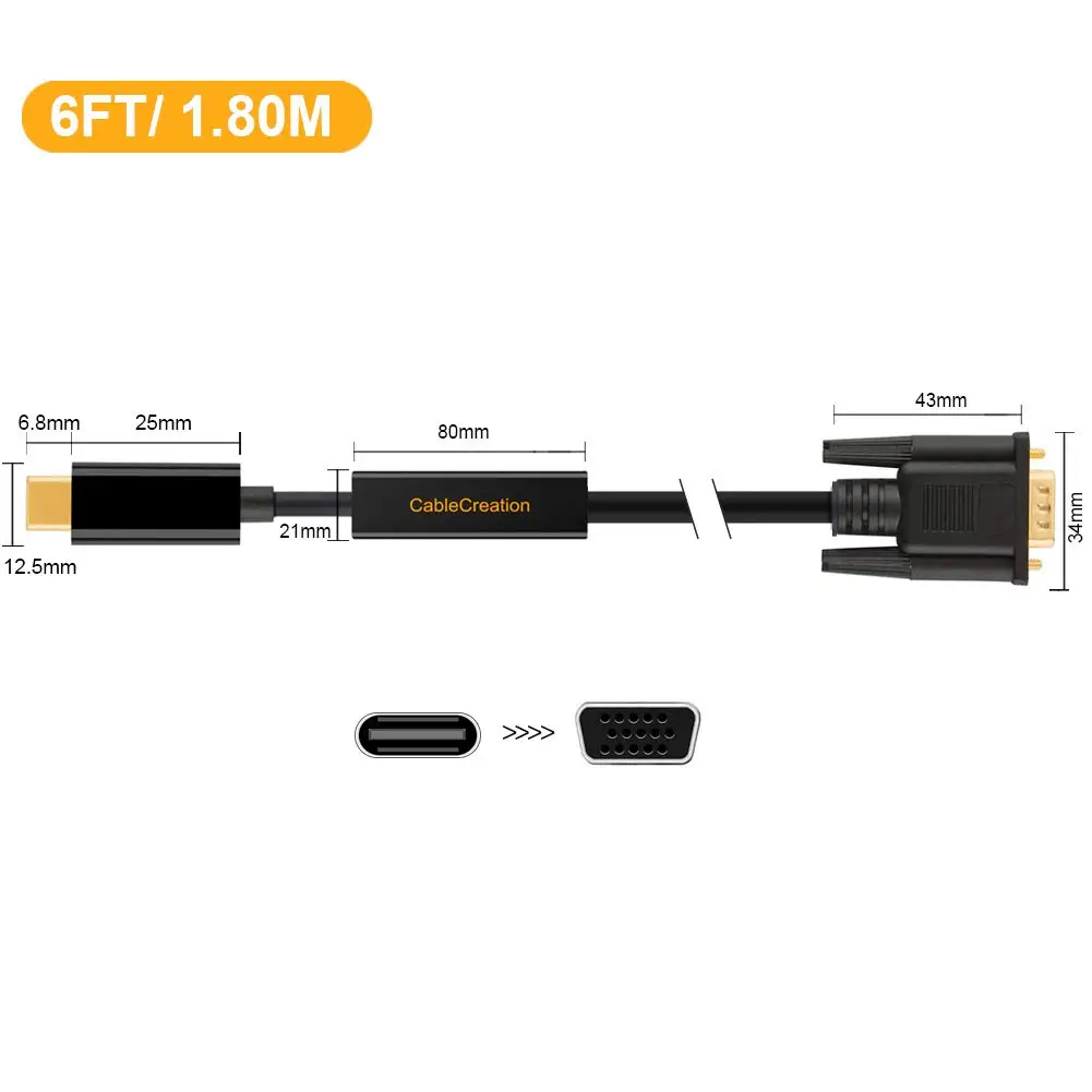 USB-C-VGA, type C(Thunderbolt 3)-VGA кабель 6 футов, совместимый с MacBook Pro, MacBook Air/Dell XPS 13/Galaxy S8+, черный