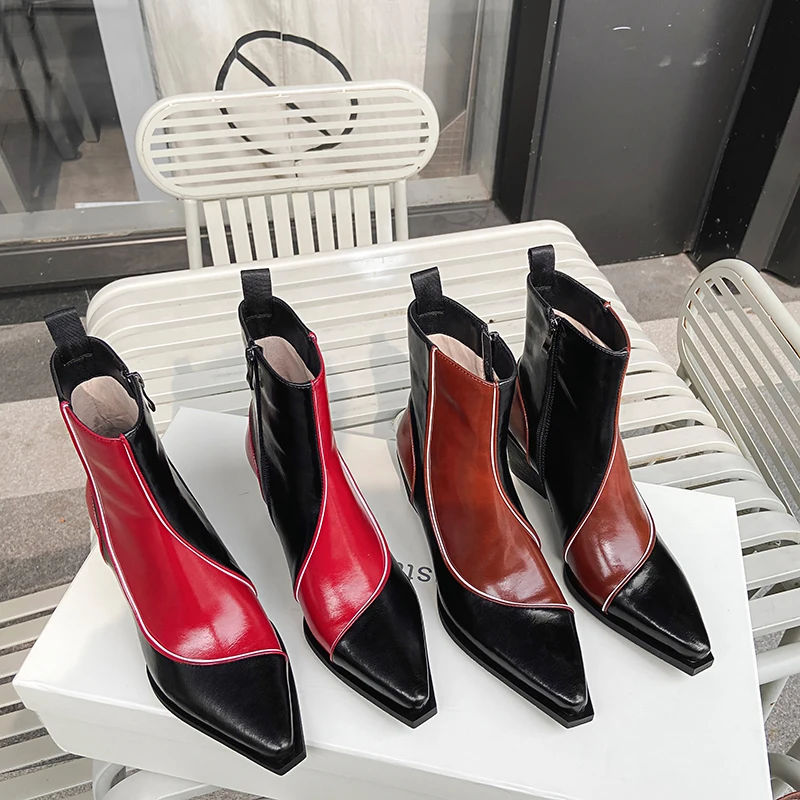 European and American cowhide Pointed Toe thick heel red stitching low side zipper thin patent leather women's boots plus size42 | Обувь