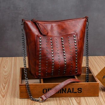 

Luxury PU Leather Chain Crossbody Bags for Women Fashion Ladies Shoulder Messenger Bags Casual Female Rivet Handbags Bucket Bag